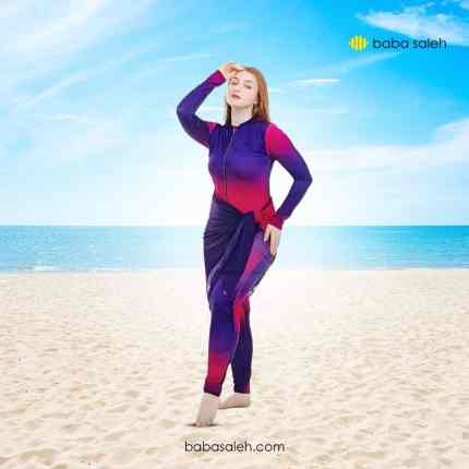 Modest swimsuit in purple blue pink