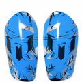 Football shin guards in black, blue, orange and yellow