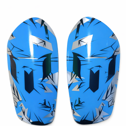 Football shin guards in black, blue, orange and yellow