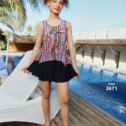 LAMER Girls Swimsuit Strap & Skirt in Black, Baby Blue, and Pink