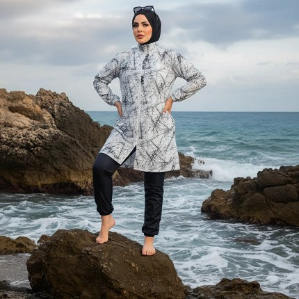 Waterproof Modest Burkini in Blue and White