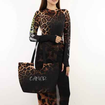 Modest swimsuit in black blue orange